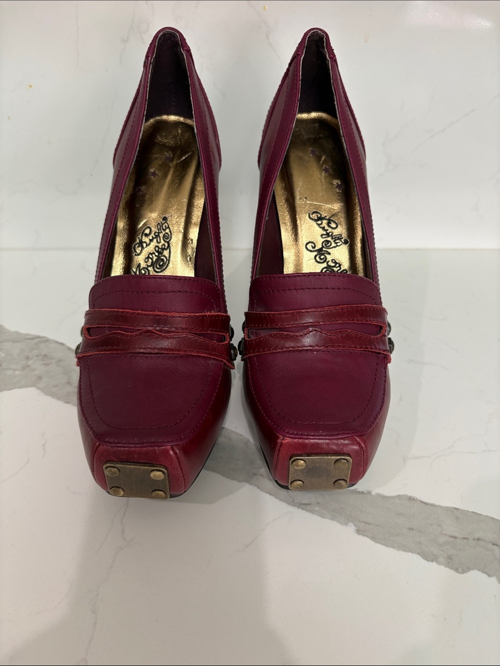 Naughty Monkey Burgundy Leather Block-Heel Loafers with Gold Insole